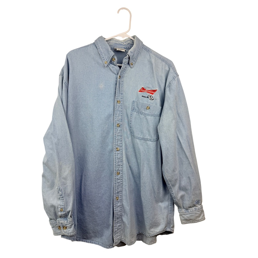 Chase Authentics Dale Earnhardt Jr Budweiser Denim Racing Shirt Mens Large Blue
